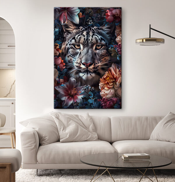 A leopard with flowers around it A leopard with flowers around it
