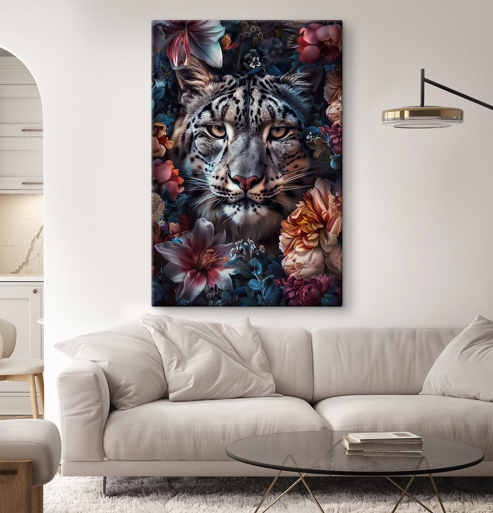 A leopard with flowers around it A leopard with flowers around it