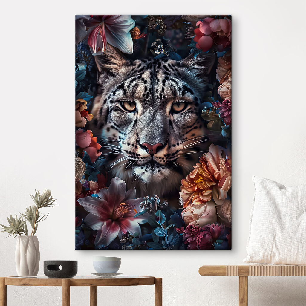 A leopard with flowers around it A leopard with flowers around it