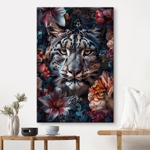A leopard with flowers around it A leopard with flowers around it