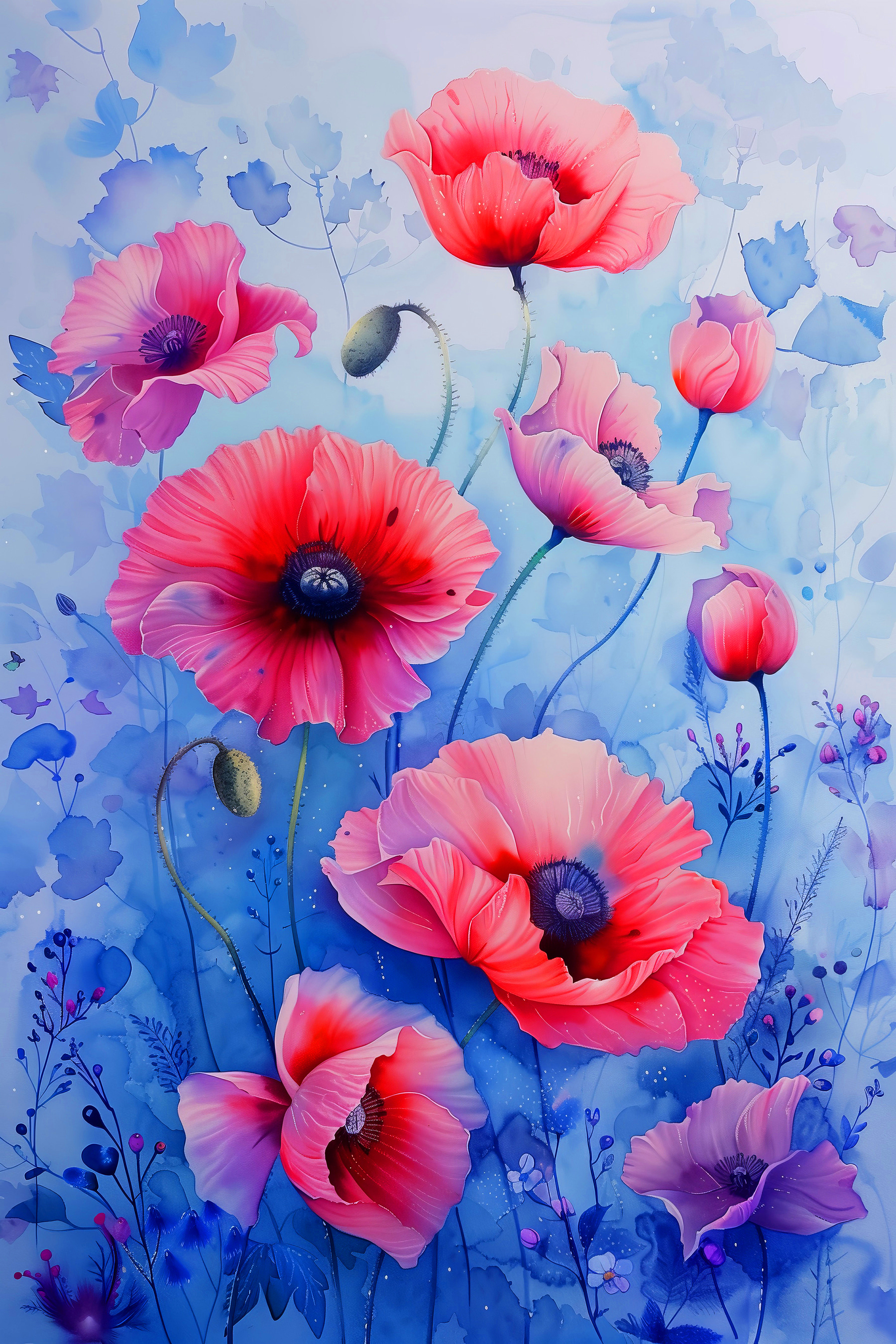 A painting of pink flowers