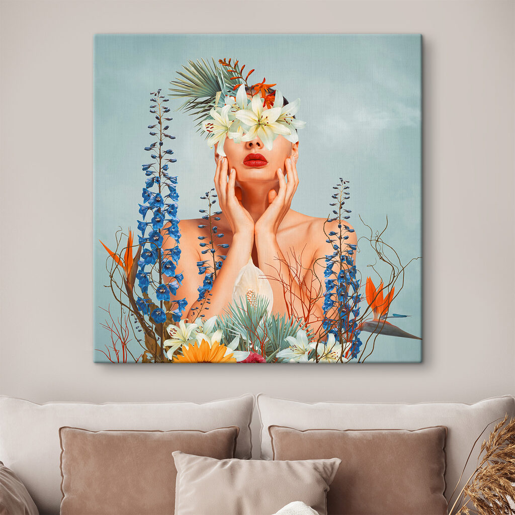 A woman with flowers around her face A woman with flowers around her face