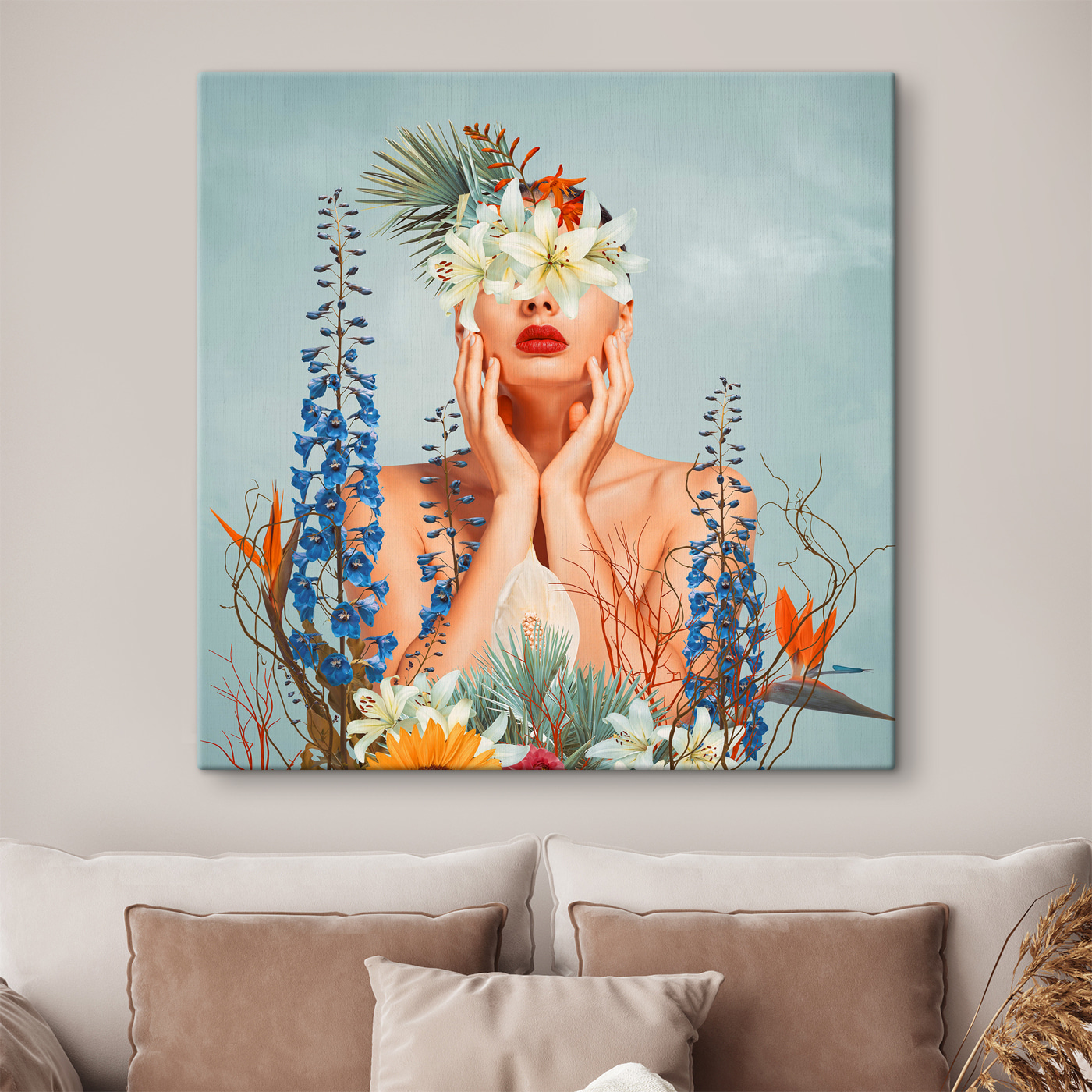 A woman with flowers around her face A woman with flowers around her face