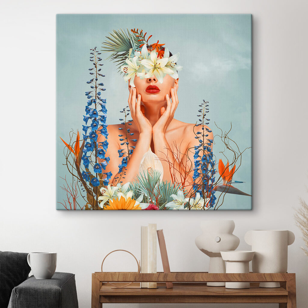 A woman with flowers around her face A woman with flowers around her face