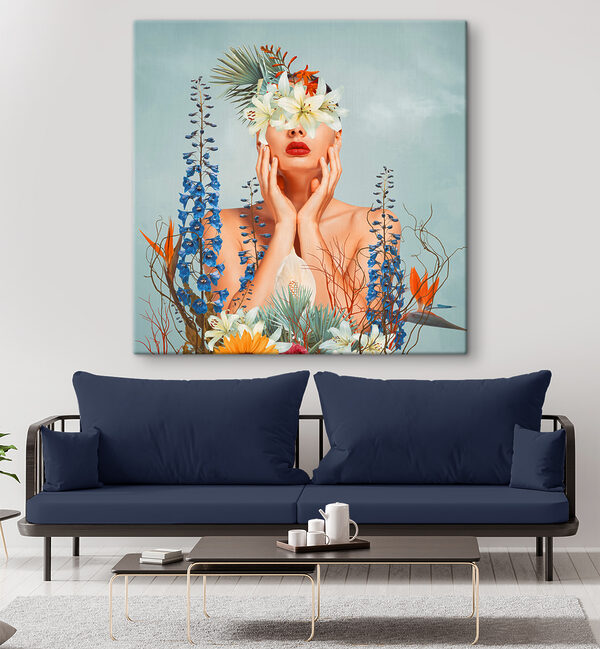 A woman with flowers around her face A woman with flowers around her face
