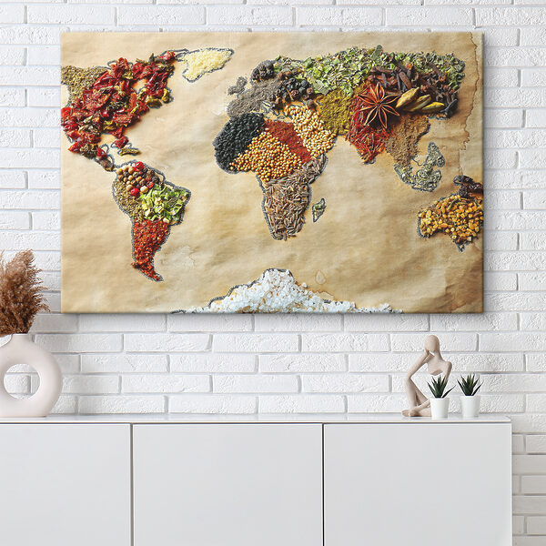 A map of the world made of different spices