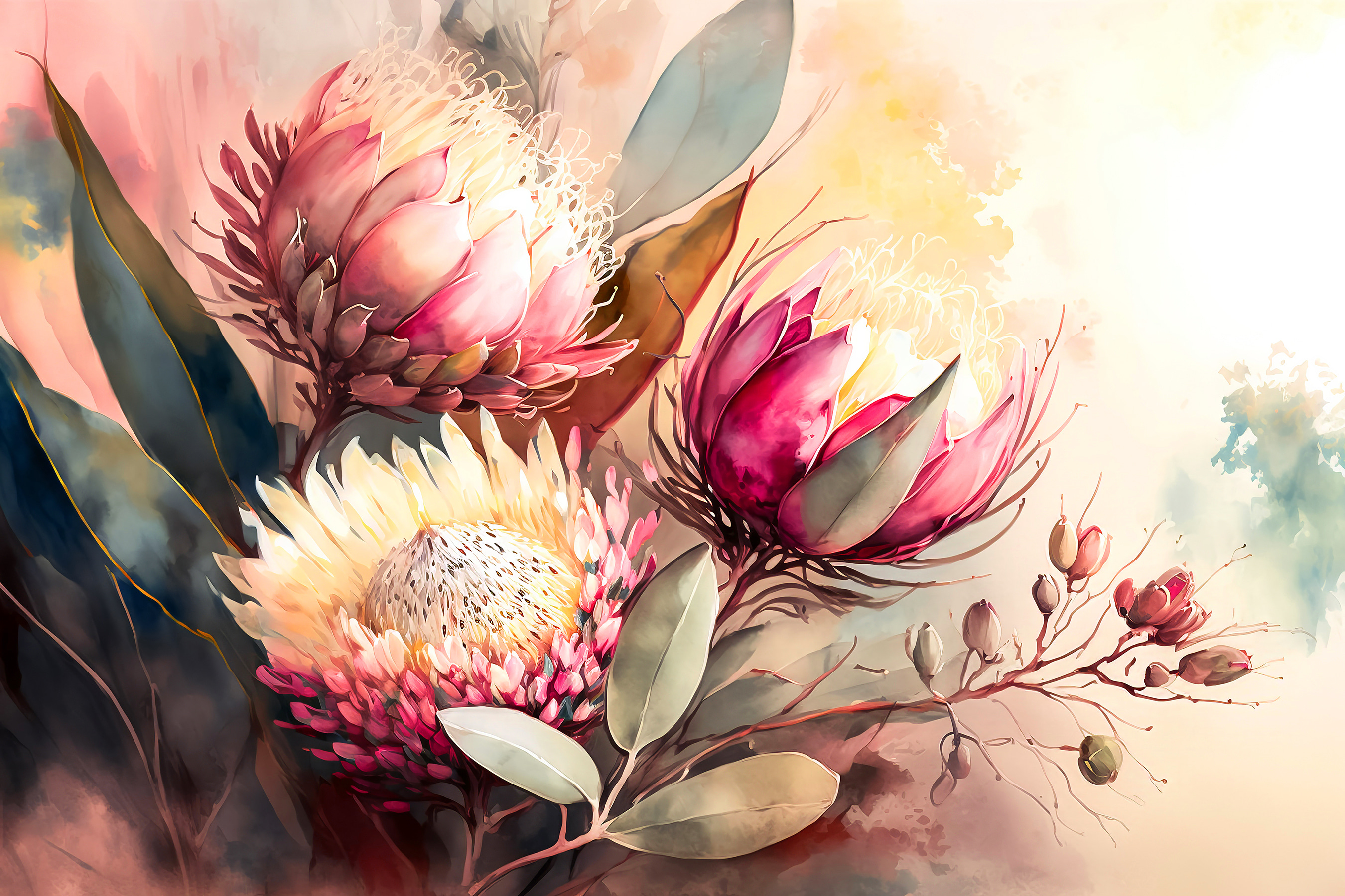 A painting of flowers and leaves A painting of flowers and leaves