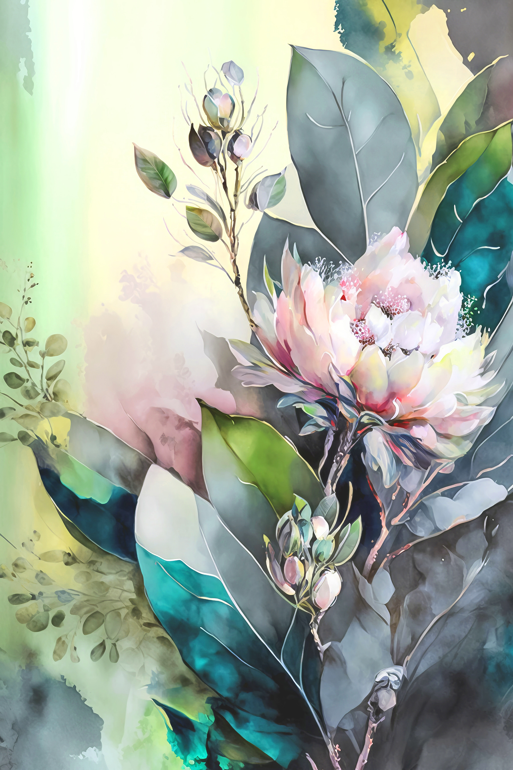 A painting of a flower and leaves A painting of a flower and leaves