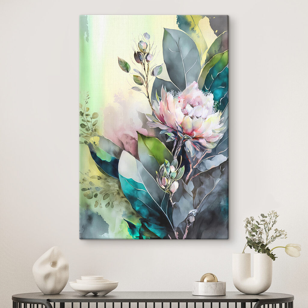 A painting of a flower and leaves A painting of a flower and leaves