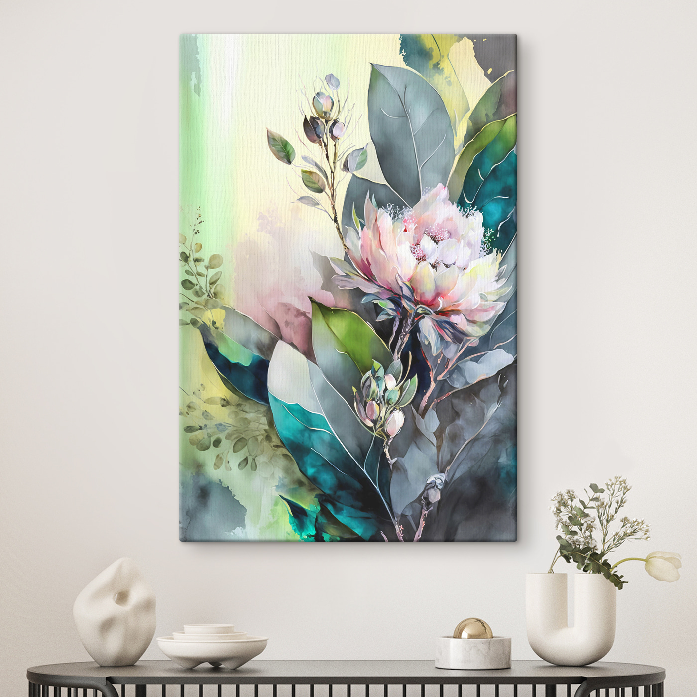 A painting of a flower and leaves A painting of a flower and leaves