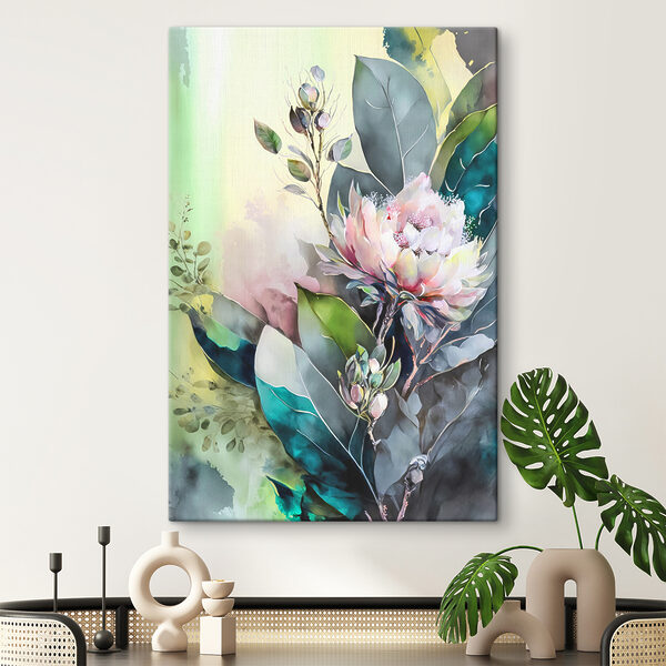 A painting of a flower and leaves A painting of a flower and leaves