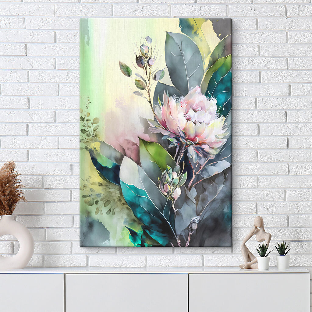 A painting of a flower and leaves A painting of a flower and leaves