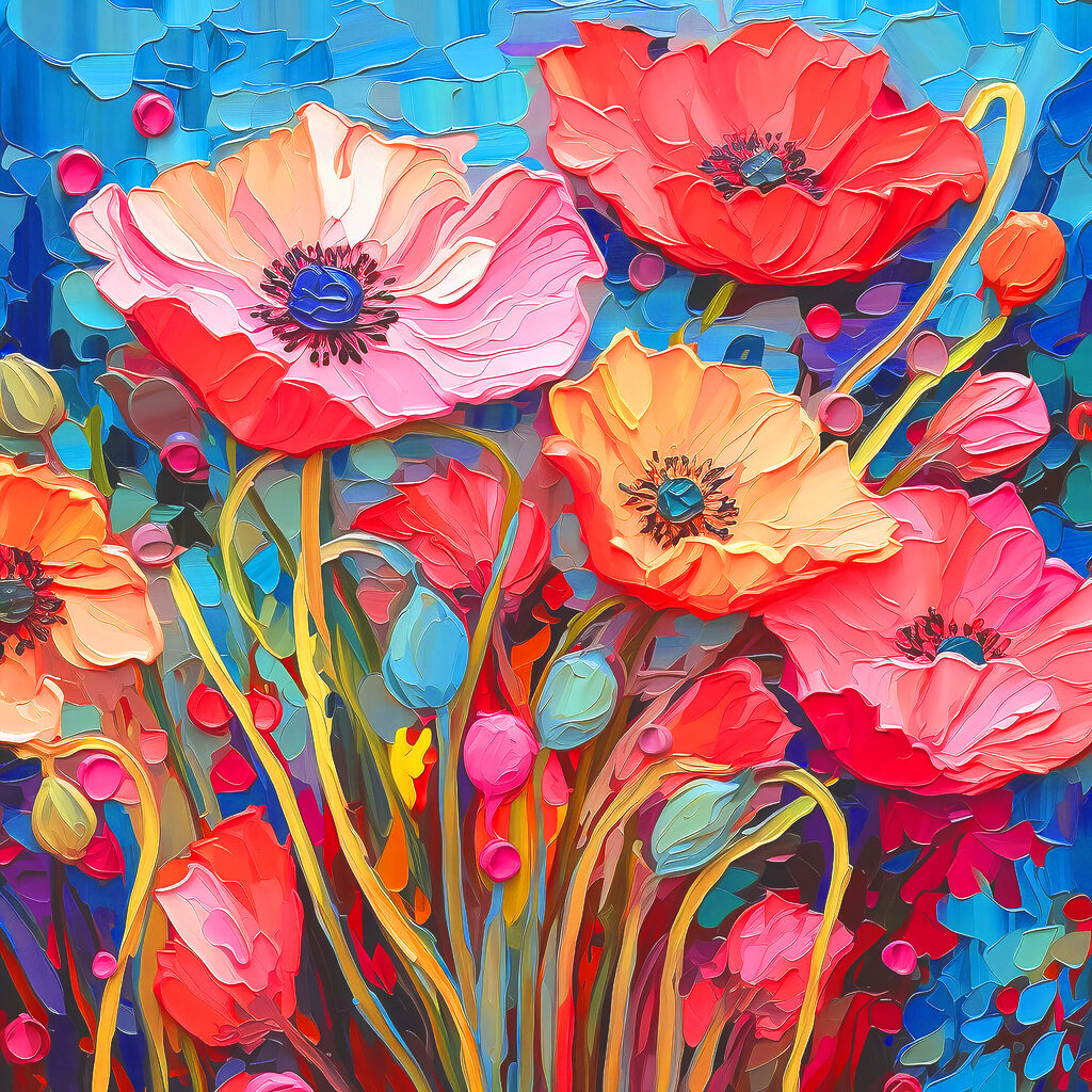 A painting of flowers on a blue background