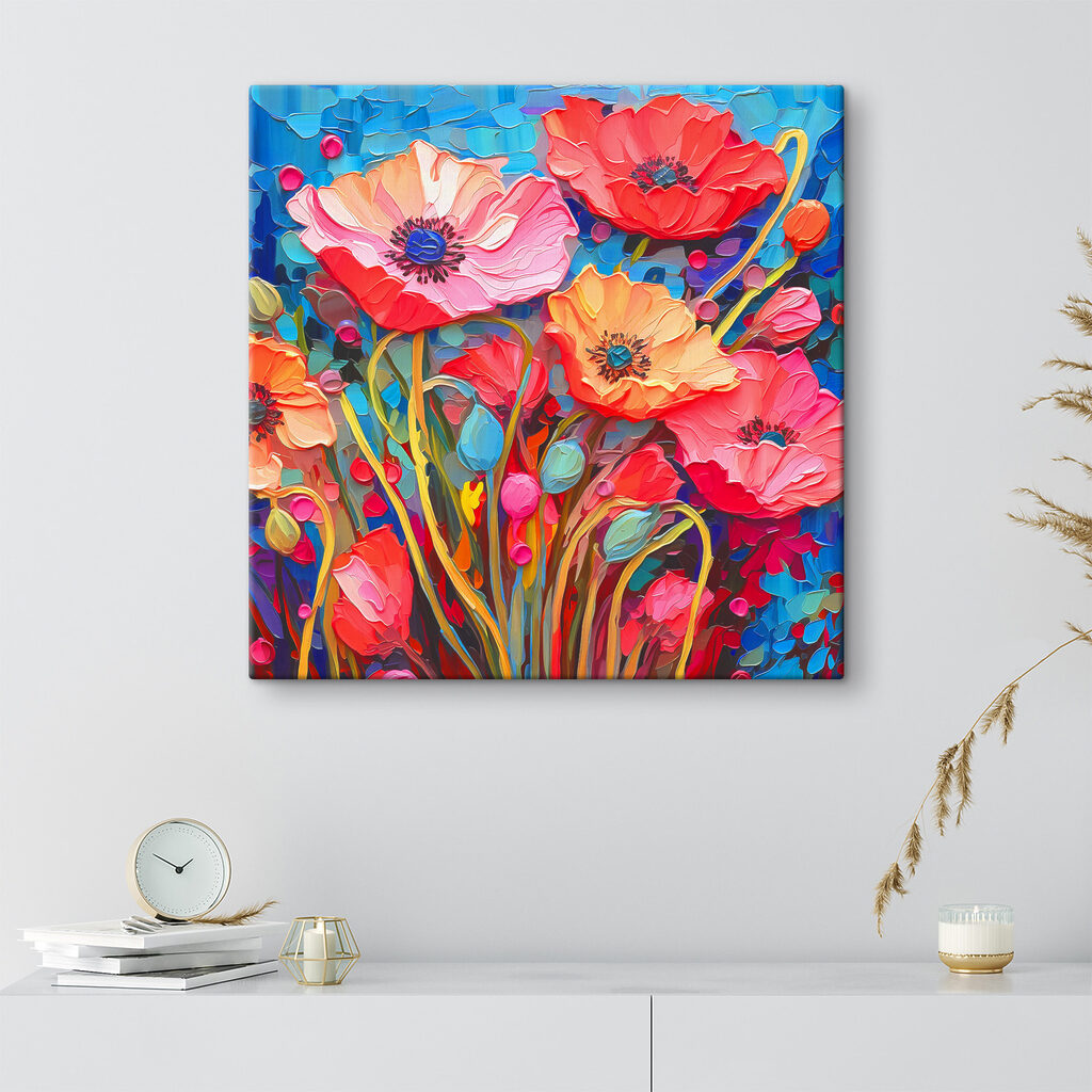 A painting of flowers on a blue background