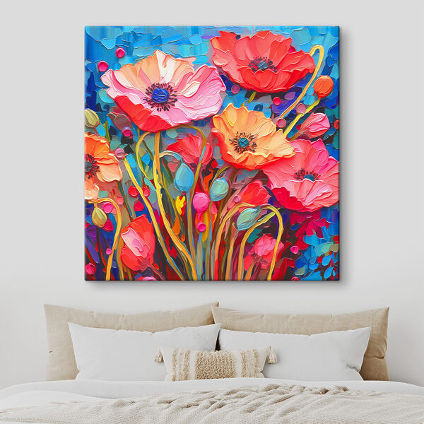 A painting of flowers on a blue background