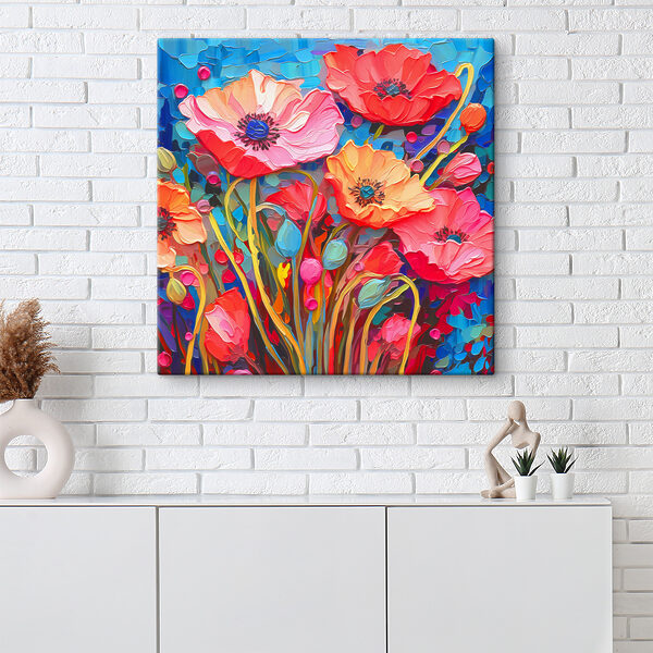 A painting of flowers on a blue background