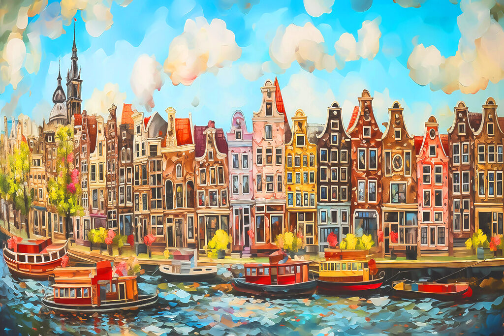 A watercolor painting of a city