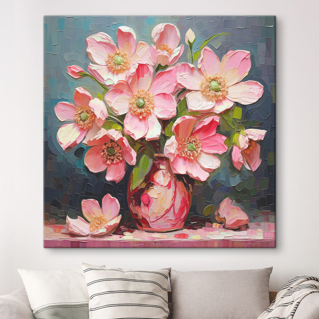 A painting of pink flowers in a vase