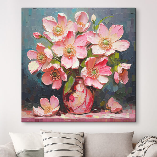 A painting of pink flowers in a vase