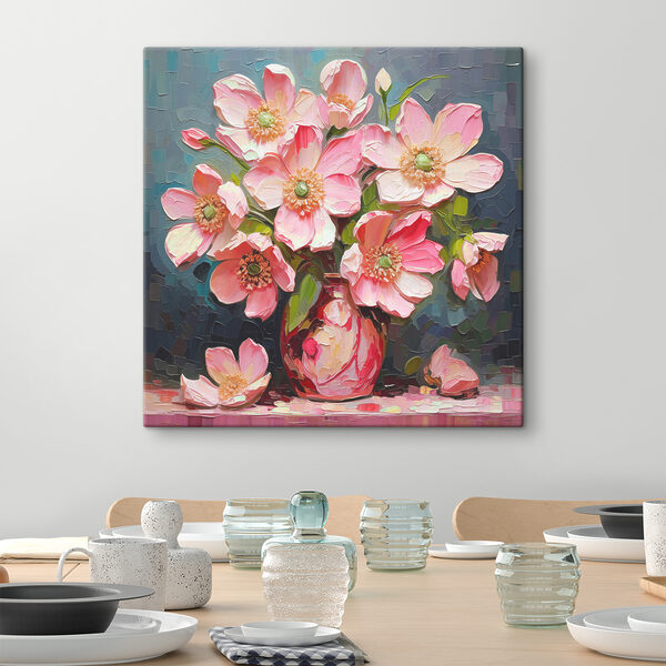 A painting of pink flowers in a vase