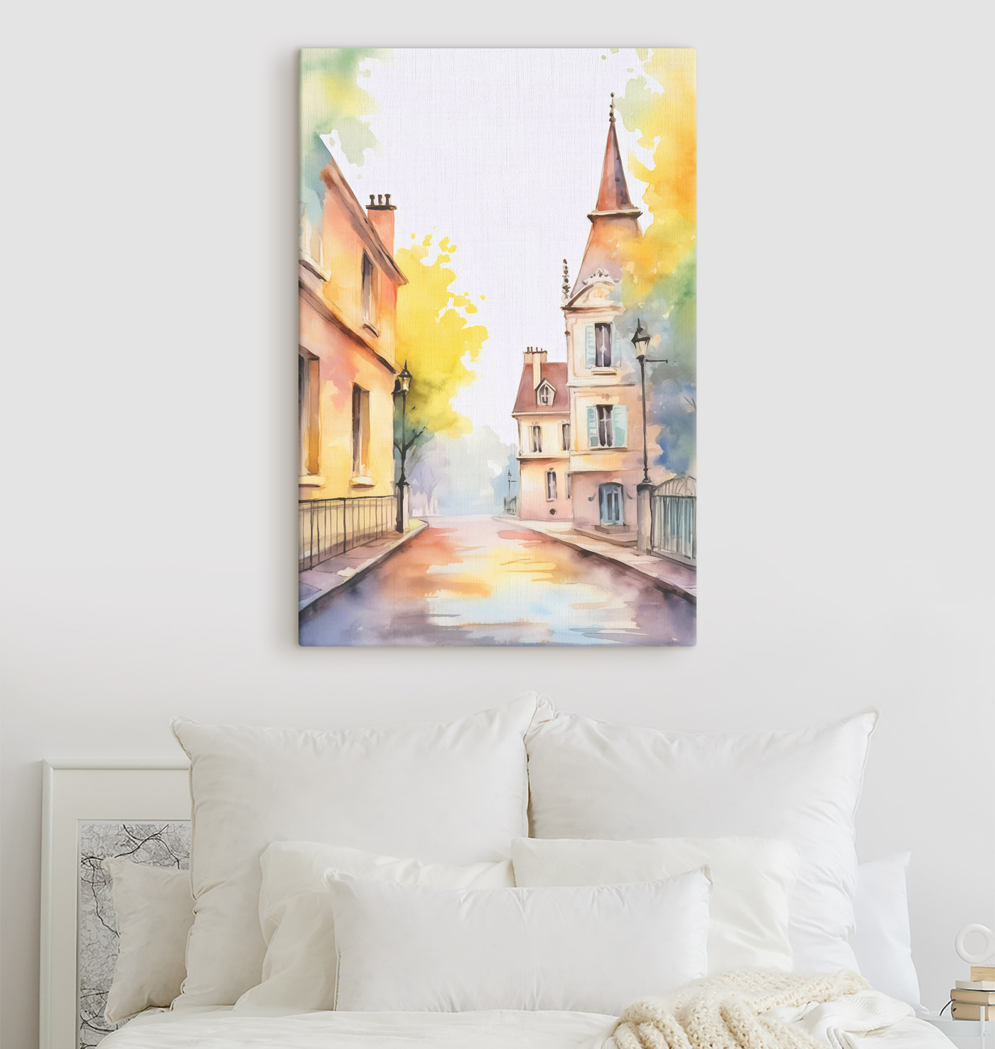 Watercolor painting of a street with buildings and trees