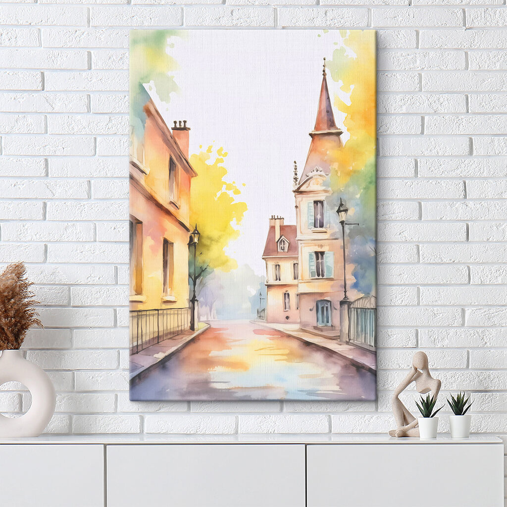 Watercolor painting of a street with buildings and trees