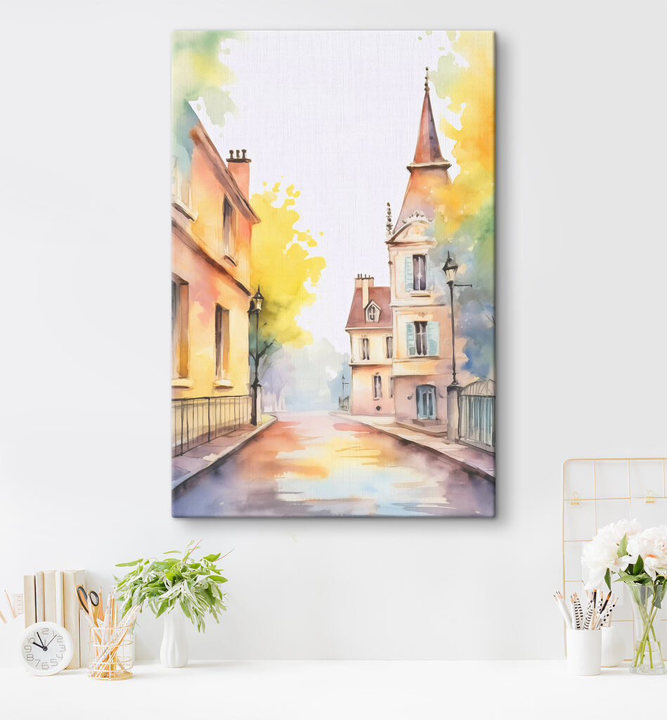 Watercolor painting of a street with buildings and trees
