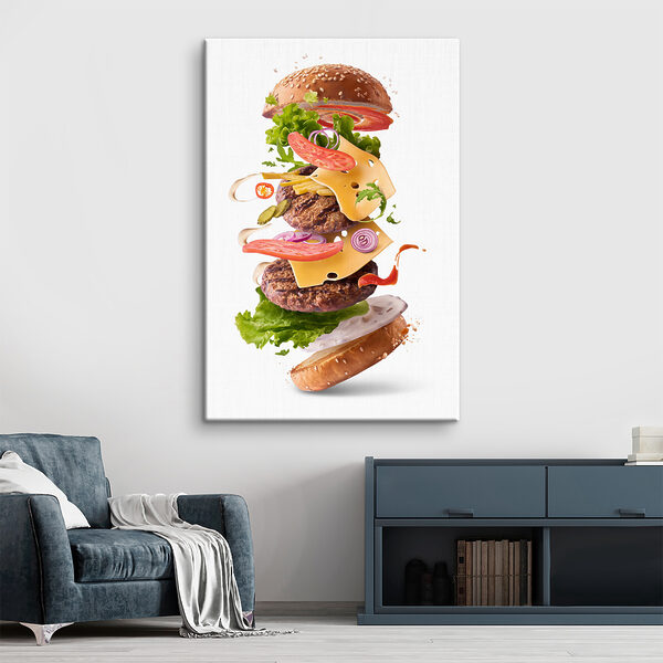 Cuadros Una hamburguesa con carne y verduras volando por los aires