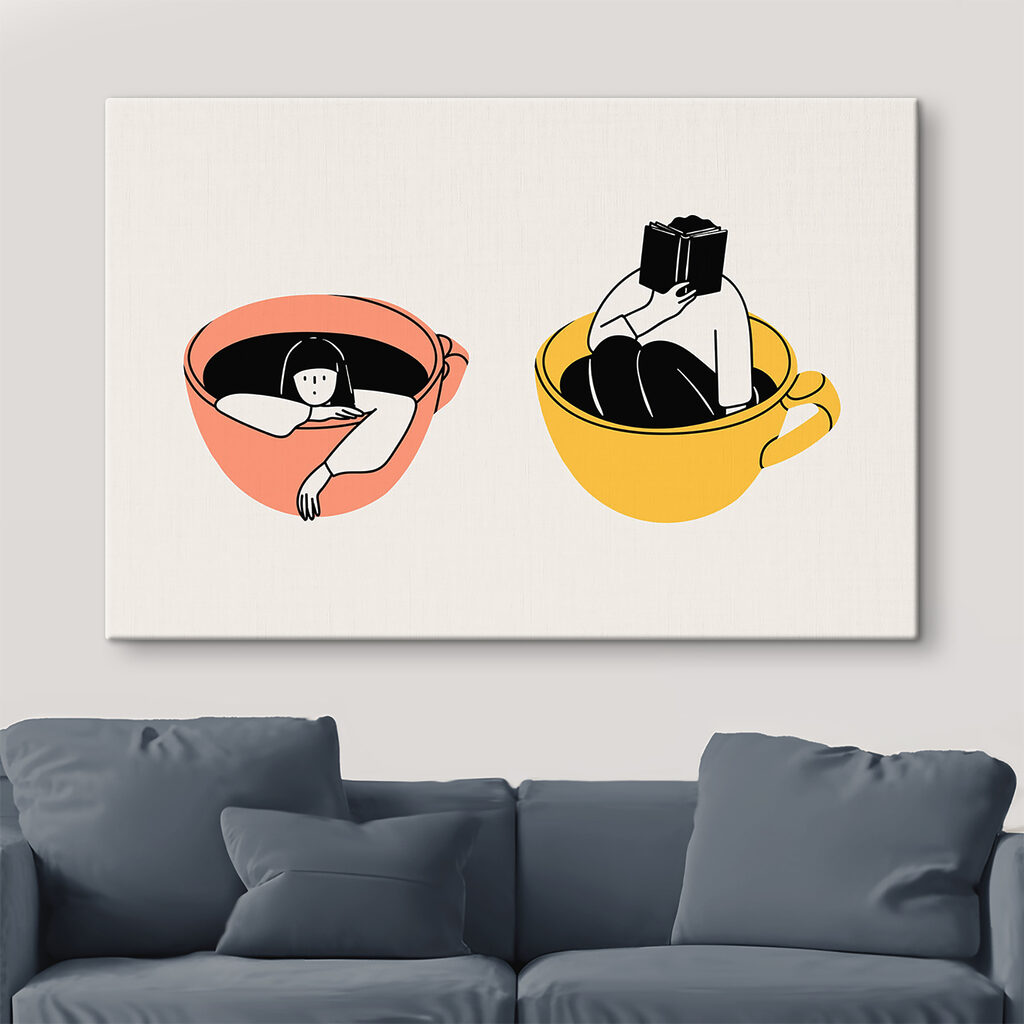 A couple of cups with people in them