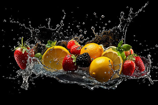 A group of fruits splashing into water A group of fruits splashing into water