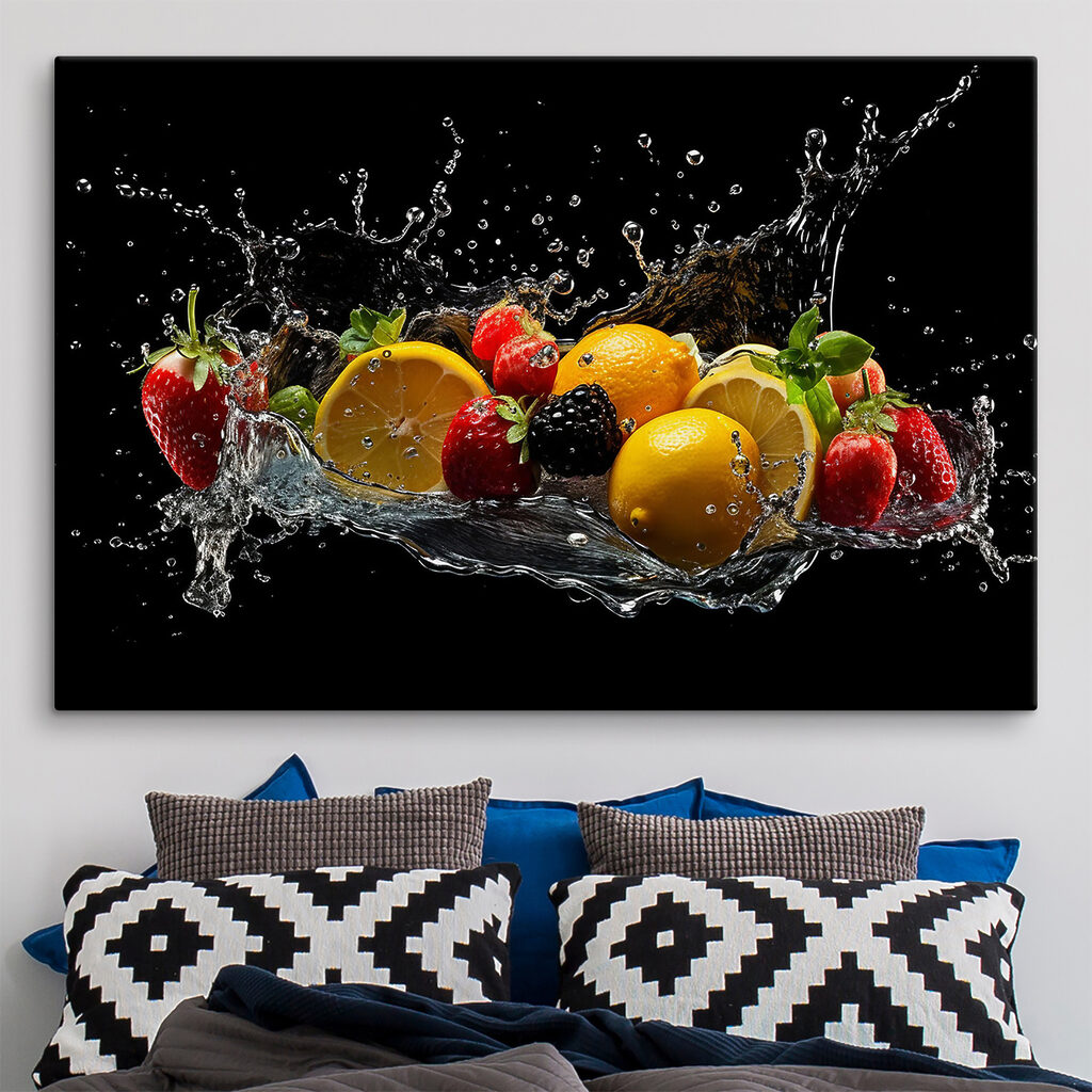 A group of fruits splashing into water A group of fruits splashing into water
