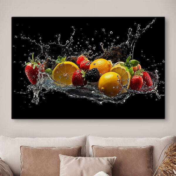 Cuadros Un grupo de frutas cayendo al agua