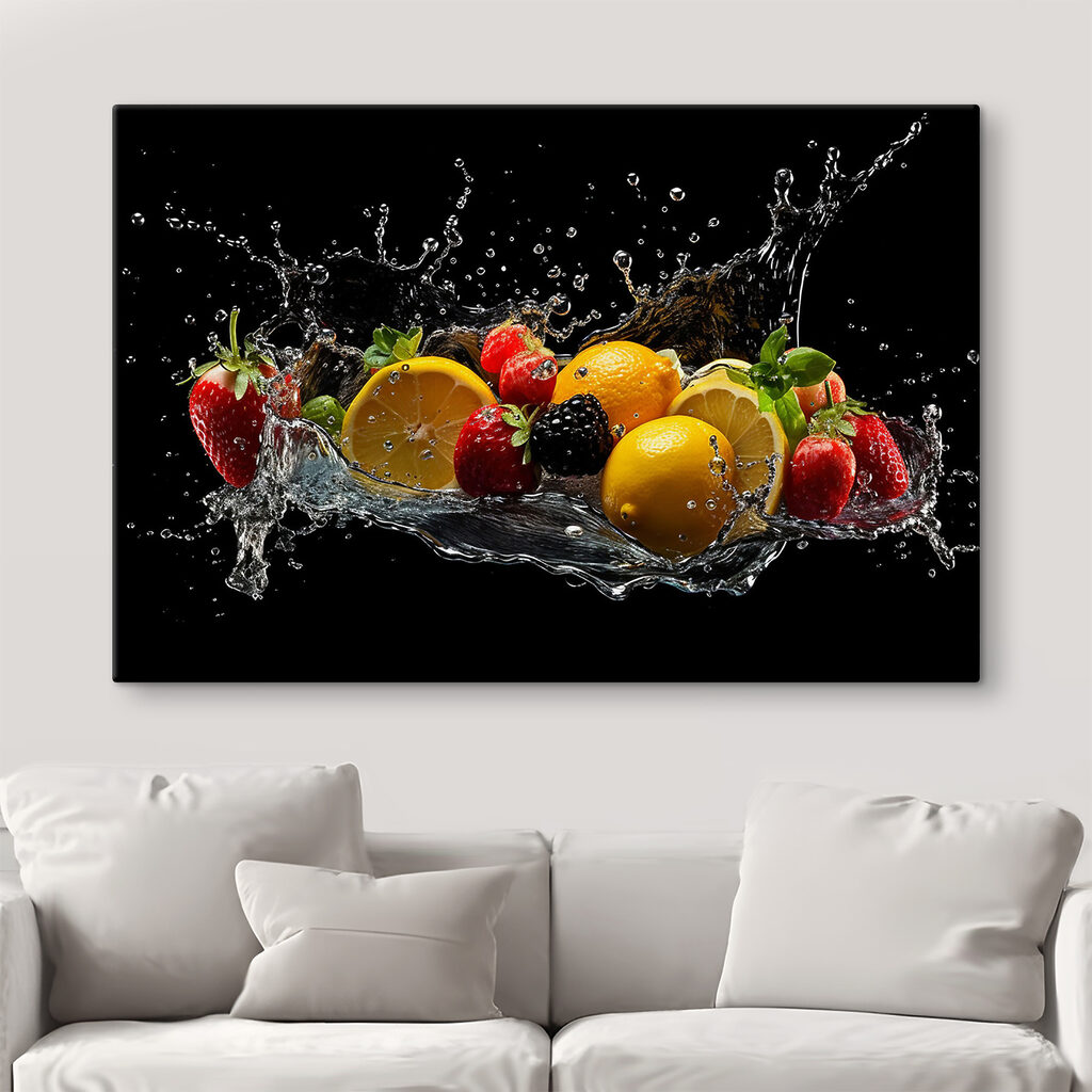 A group of fruits splashing into water A group of fruits splashing into water