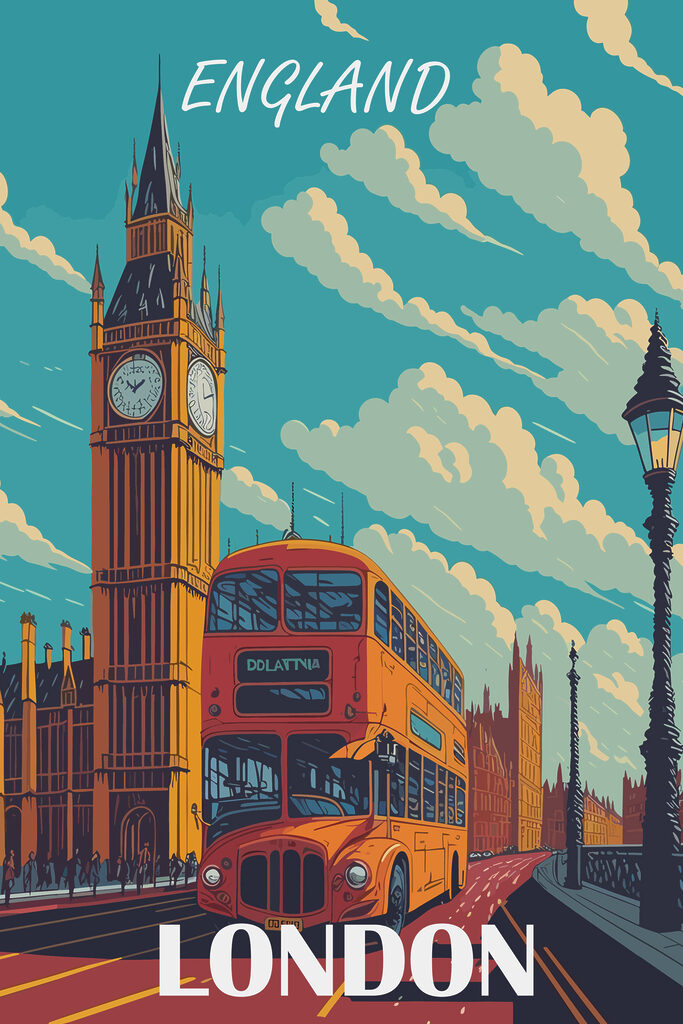 A double decker bus and a clock tower