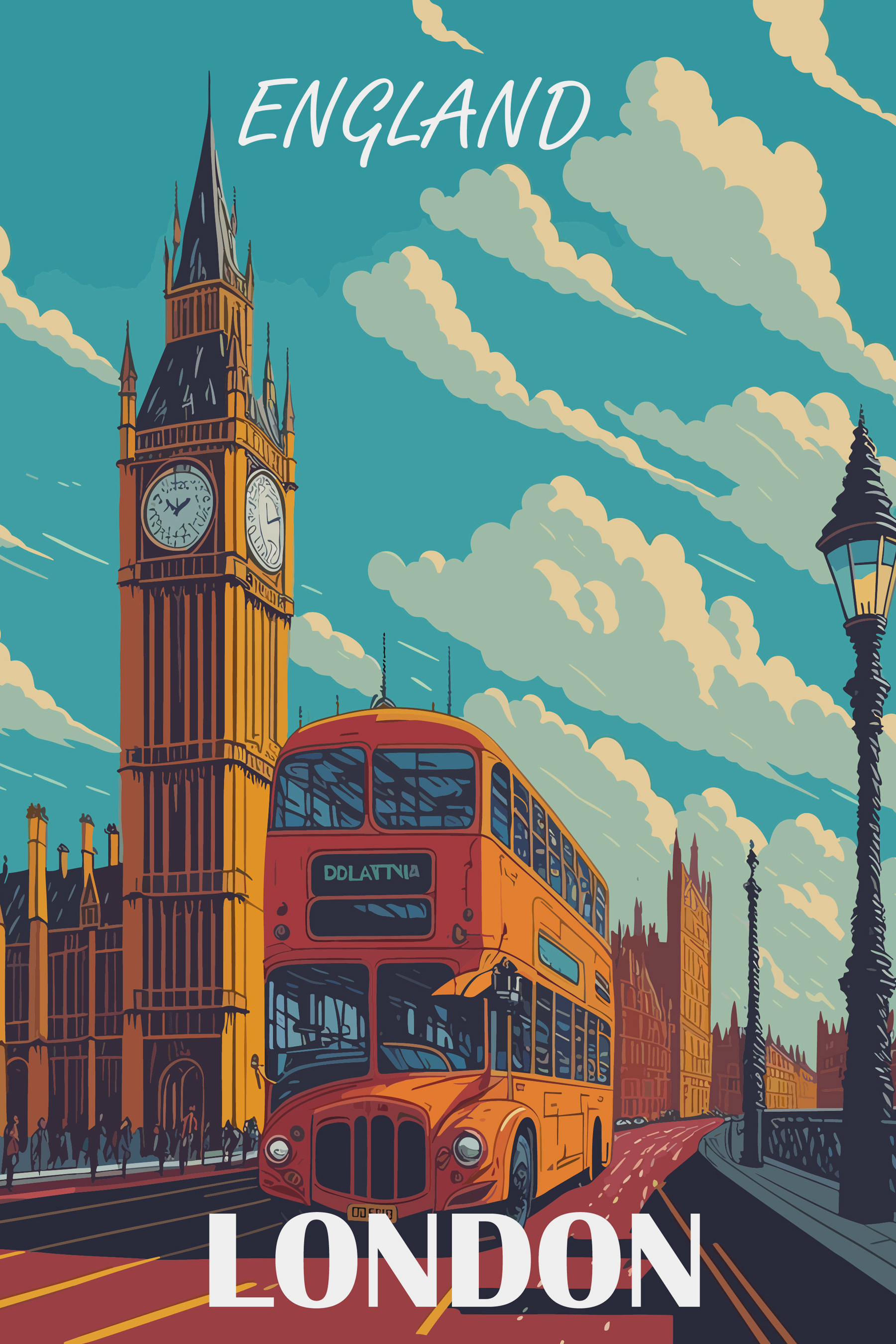 A double decker bus and a clock tower