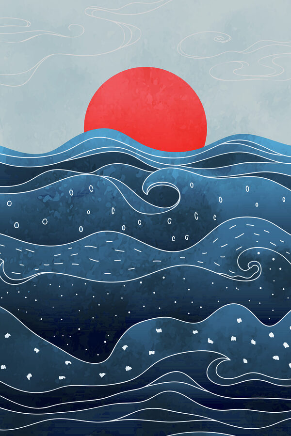 A water with waves and a red sun