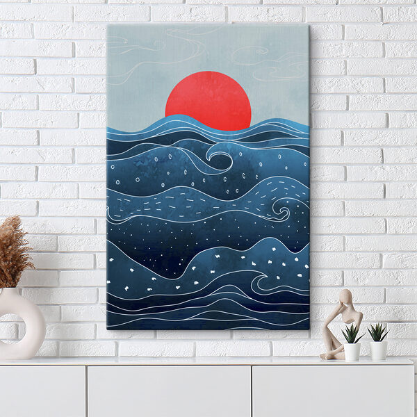 A water with waves and a red sun