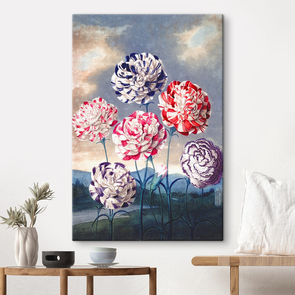 A group of flowers with blue sky and clouds