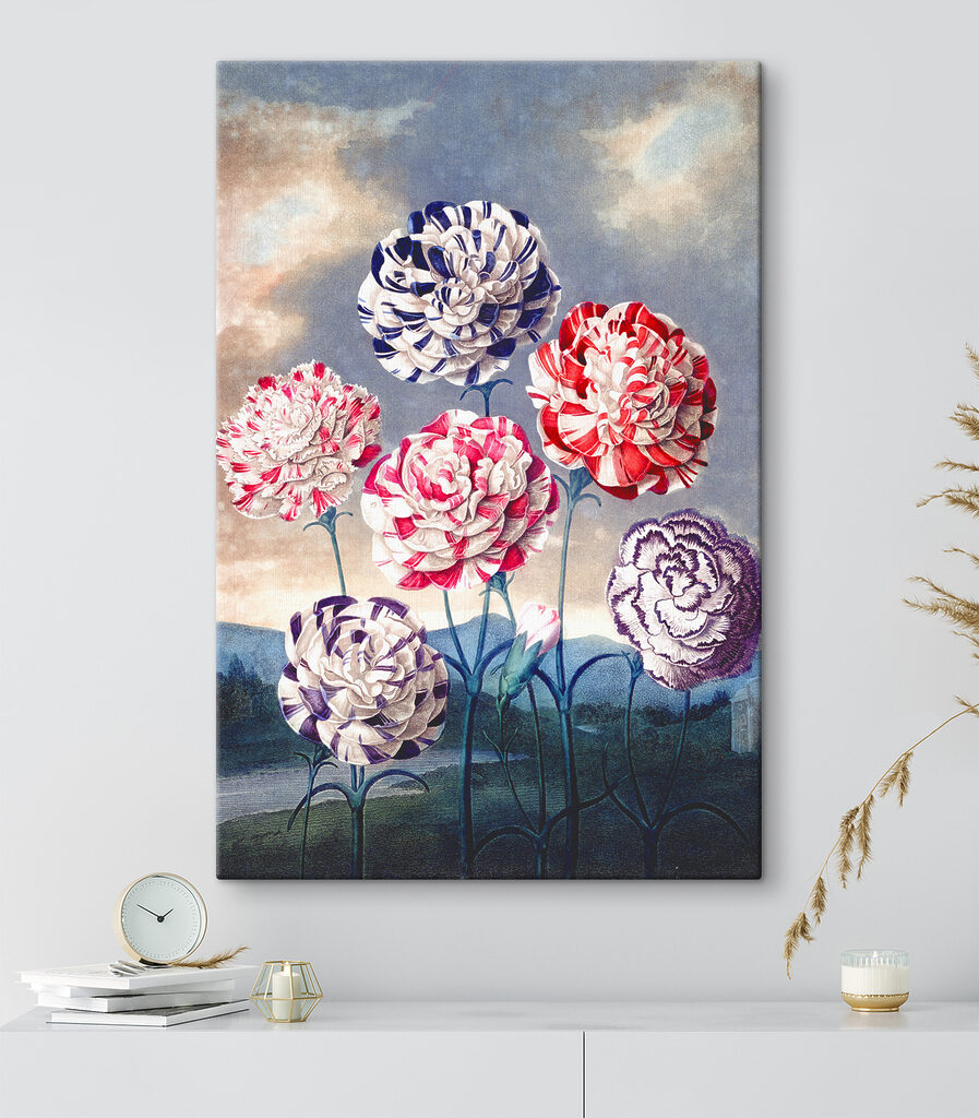 A group of flowers with blue sky and clouds