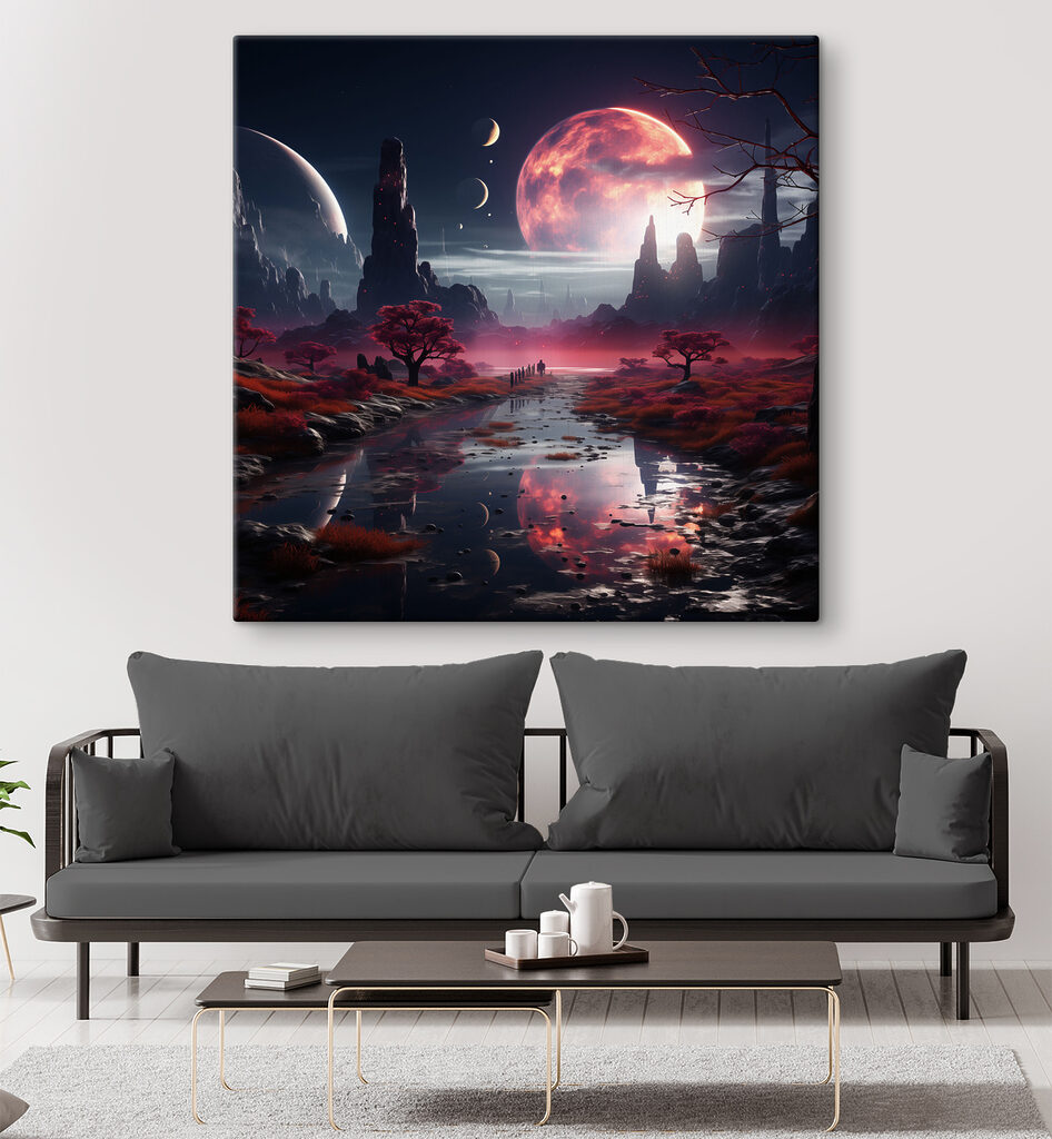 A river with red plants and trees and moon in the sky