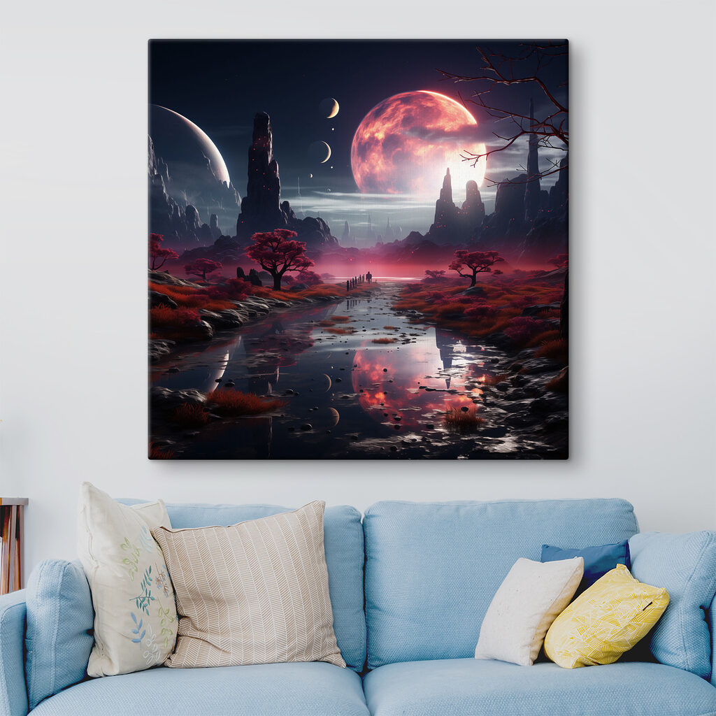 A river with red plants and trees and moon in the sky
