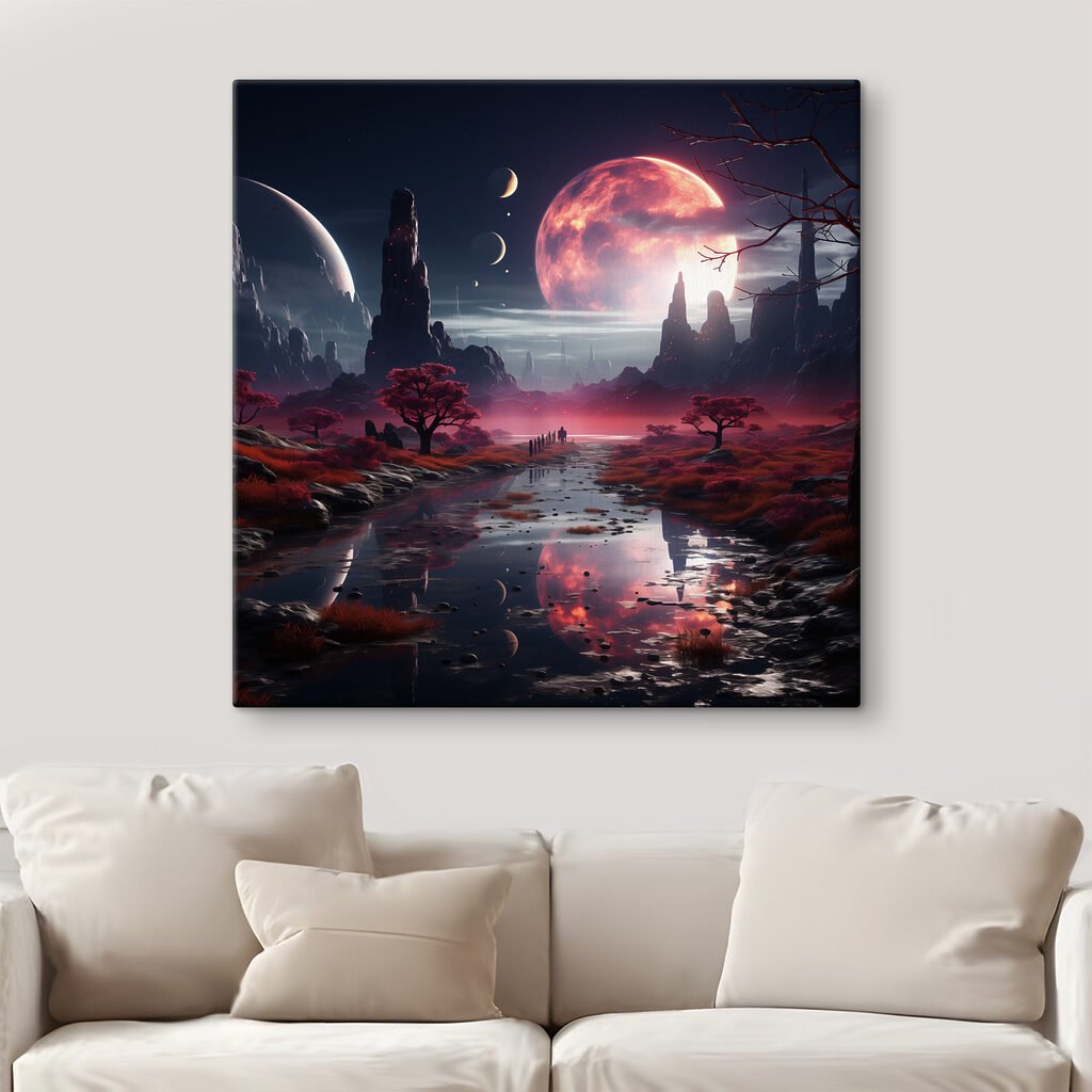 A river with red plants and trees and moon in the sky