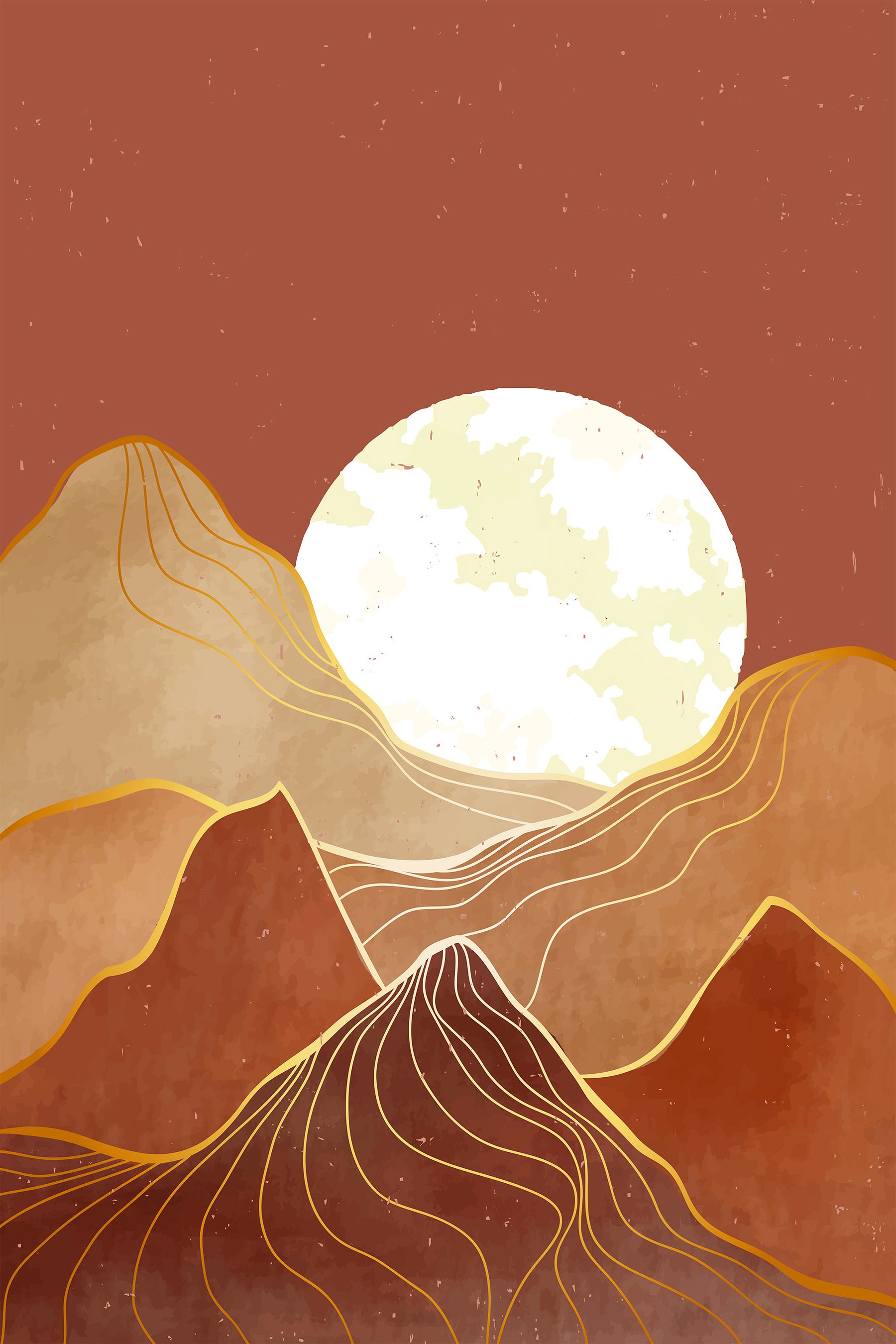 A painting of mountains and the moon