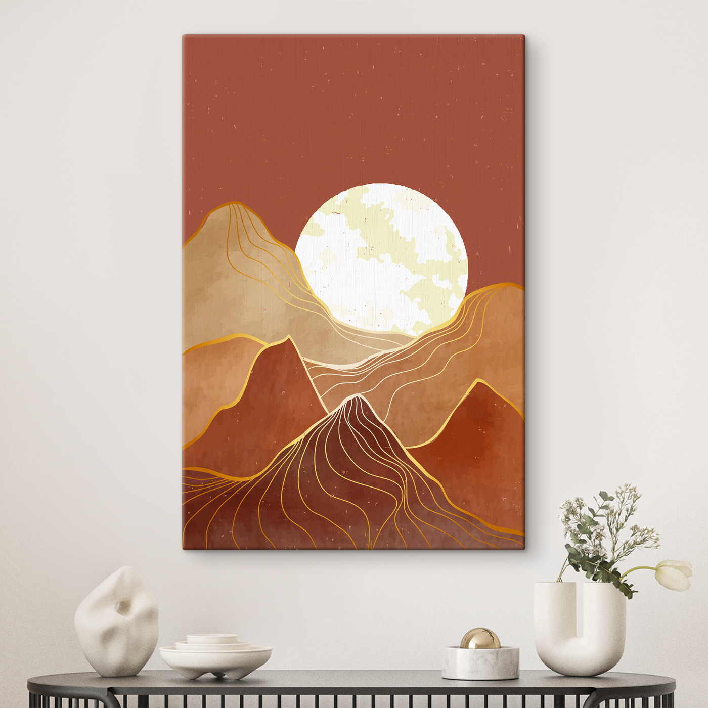A painting of mountains and the moon