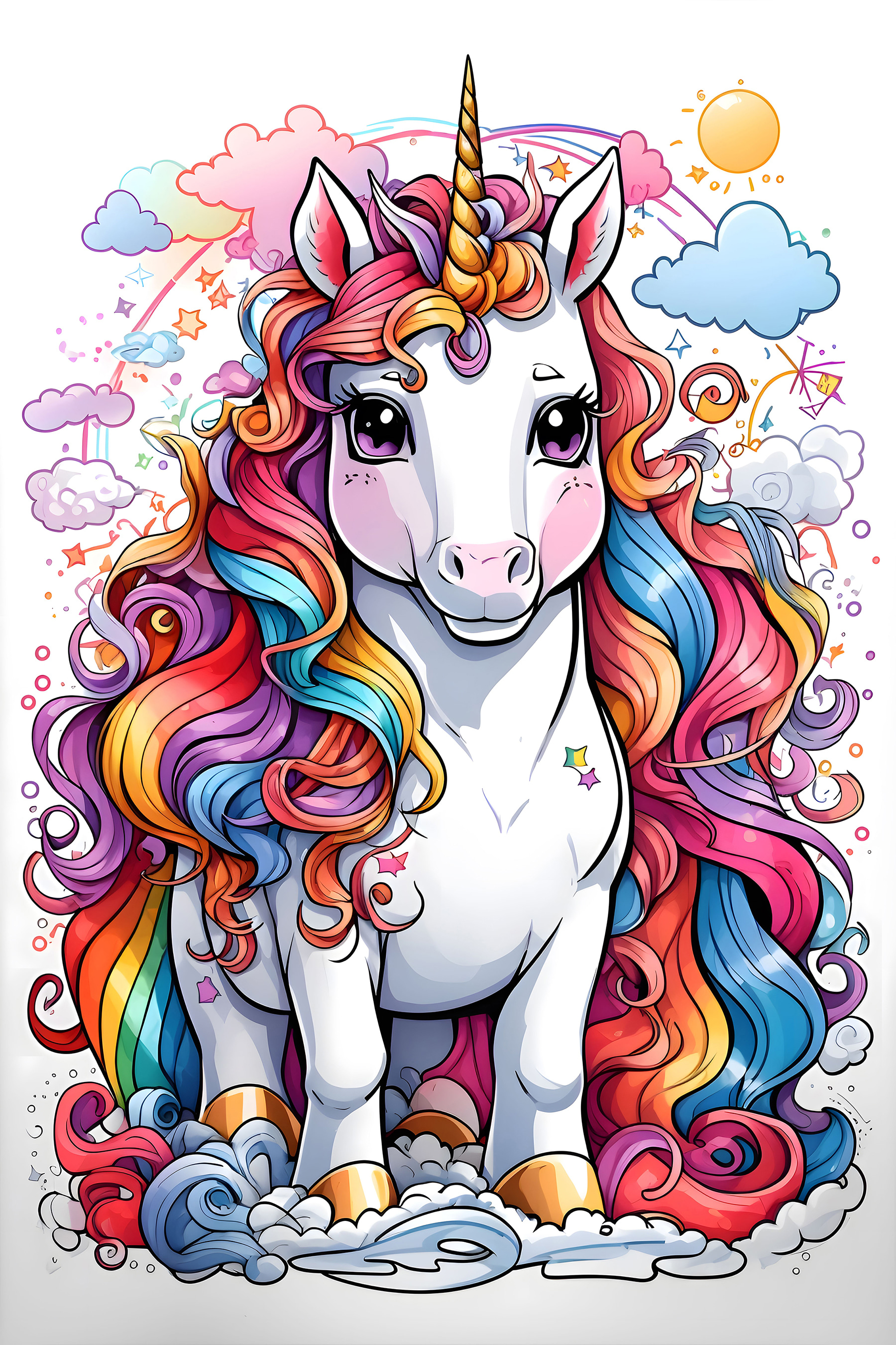 A cartoon unicorn with rainbow hair