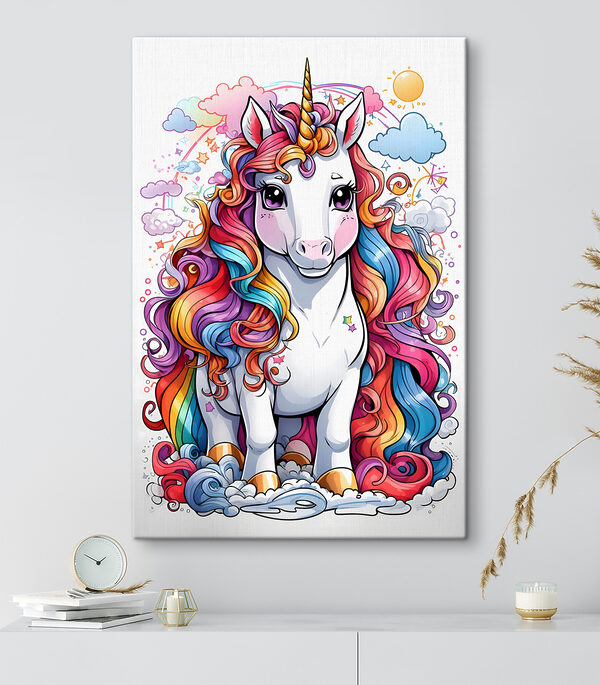 Cuadros Un unicornio de dibujos animados con el pelo de colores del arcoíris (SKU: s37766) Cuadros Cuadros Un unicornio de dibujos animados con el pelo de colores del arcoíris (SKU: s37766)