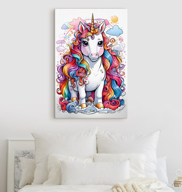 A cartoon unicorn with rainbow hair