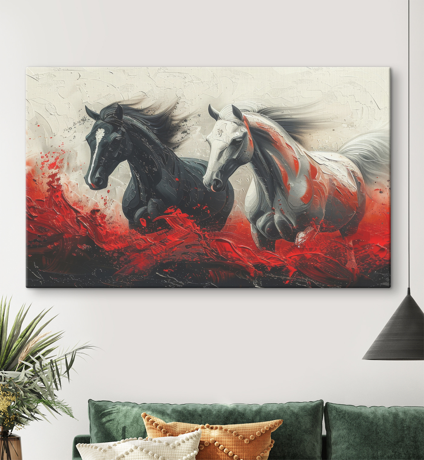 A painting of horses running with red paint A painting of horses running with red paint