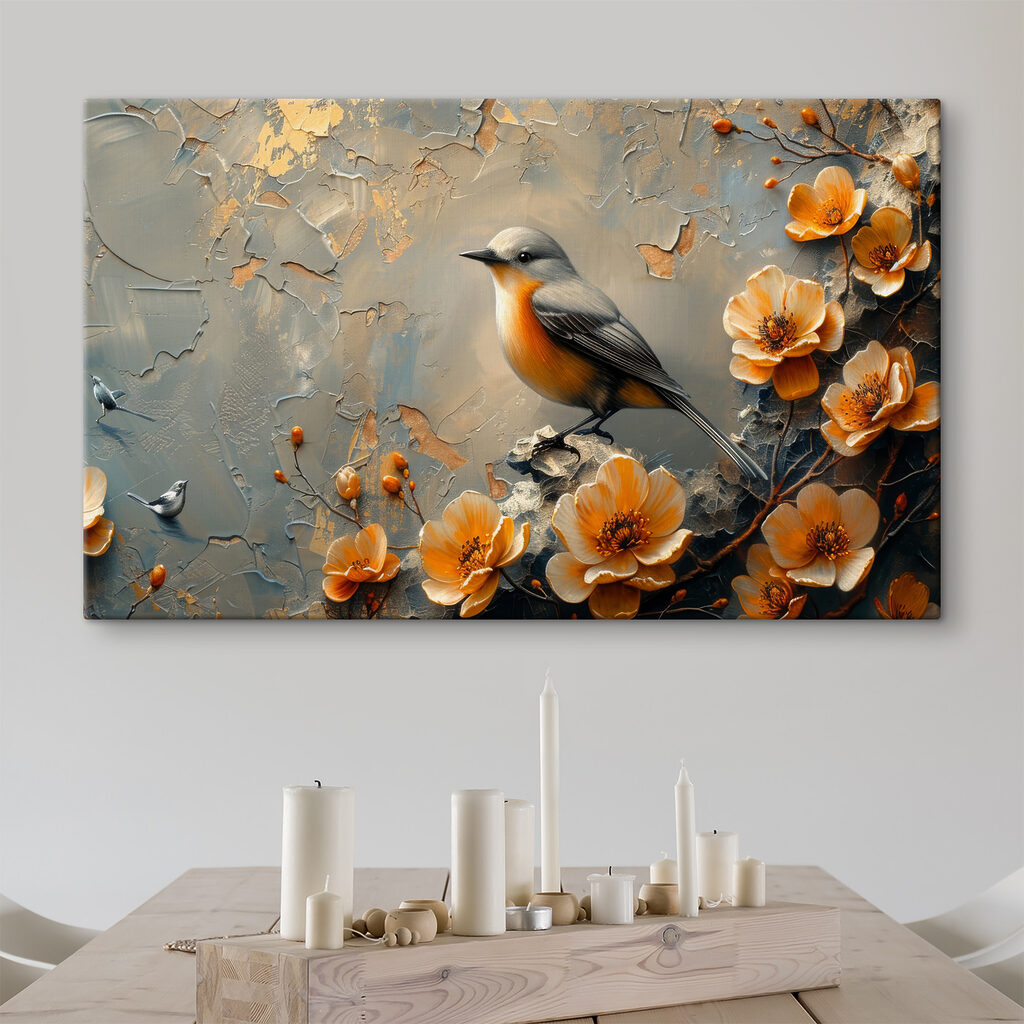 A bird on a branch with flowers