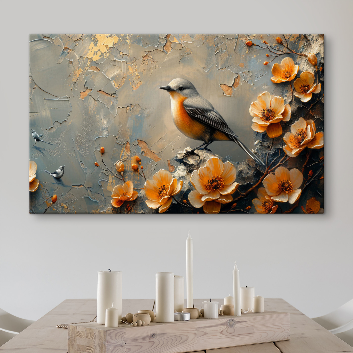 A bird on a branch with flowers